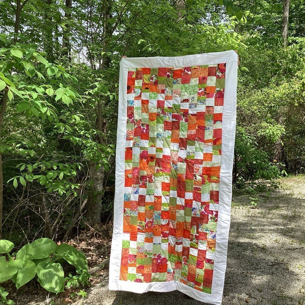 New With Tags. Bright Summer Orange and Green Garden Coin Lap Quilt - Picture 5 of 16
